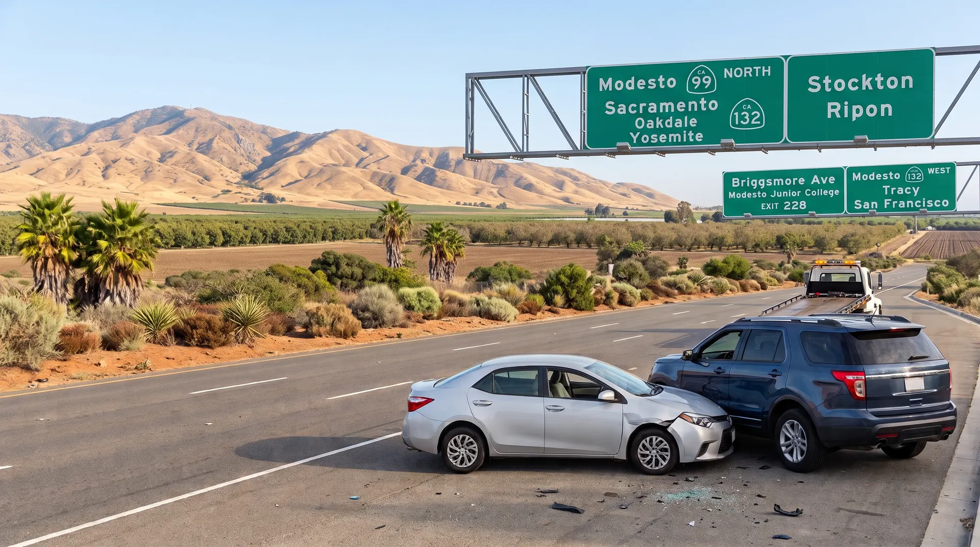 Silver sedan and blue SUV after a collision on Highway 99 near Modesto, California, with a tow truck arriving and golden foothills beyond the orchards
